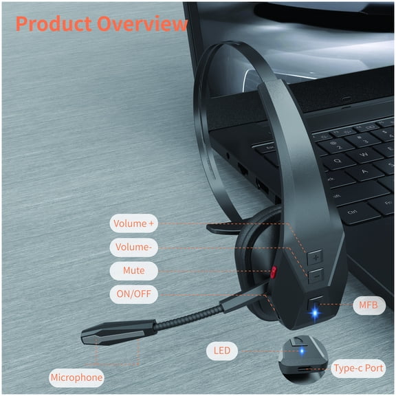 Trucker Headset with Noise Cancelling Microphone & Mute Button, Compatible for Zoom/Teams - Wireless 5.3 Multipoint,, Compatible with Laptop/Phone/Computer - Lightweight for Truck & Work