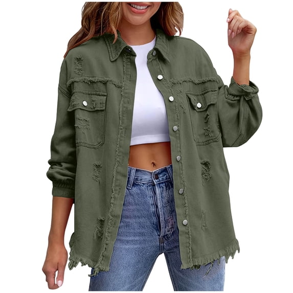 Trucker Jean Jackets for Women Oversized Button Up Ripped Frayed Hem Shacket Casual Distressed Denim Jackets Coat with Pockets