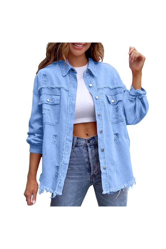 Trucker Jean Jackets for Women Oversized Button Up Ripped Frayed Hem Shacket Casual Distressed Denim Jackets Coat with Pockets