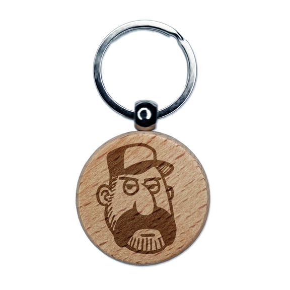 Trucker Man with Hat and Mustache Engraved Wood Round Keychain Tag Charm