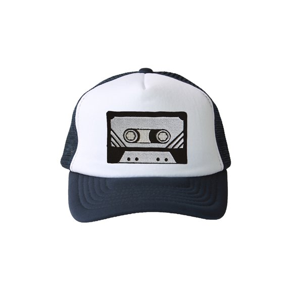 Trucker Mesh Vent Snapback Hat, Black Cassette 3D Patch Embroidery Navy Blue
