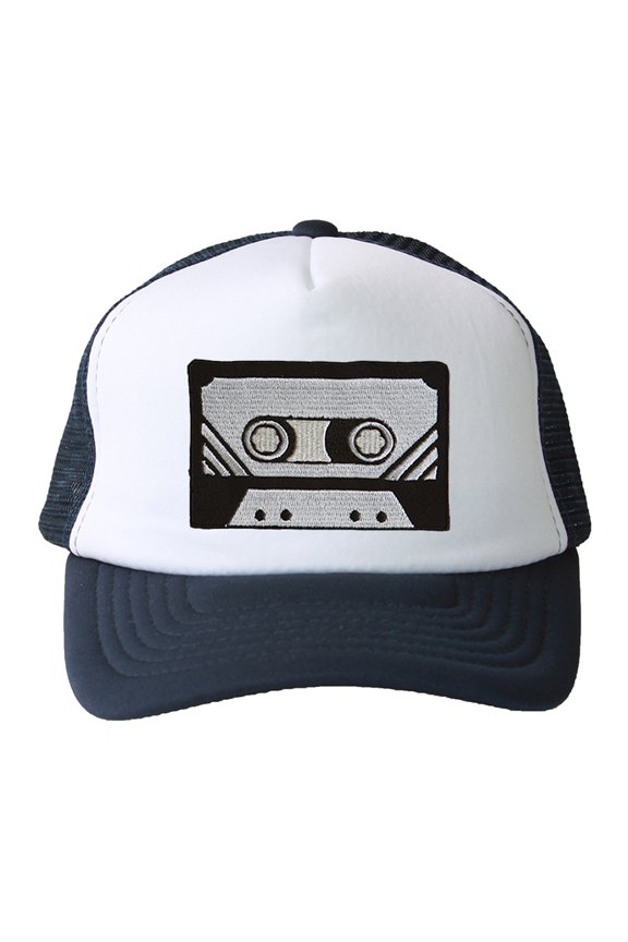 Trucker Mesh Vent Snapback Hat, Black Cassette 3D Patch Embroidery Navy Blue