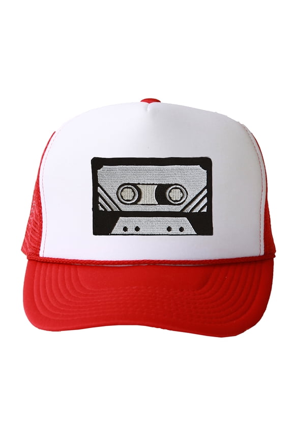 Trucker Mesh Vent Snapback Hat, Black Cassette 3D Patch Embroidery Red