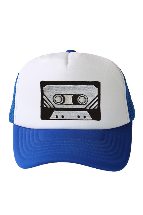Trucker Mesh Vent Snapback Hat, Black Cassette 3D Patch Embroidery Royal Blue