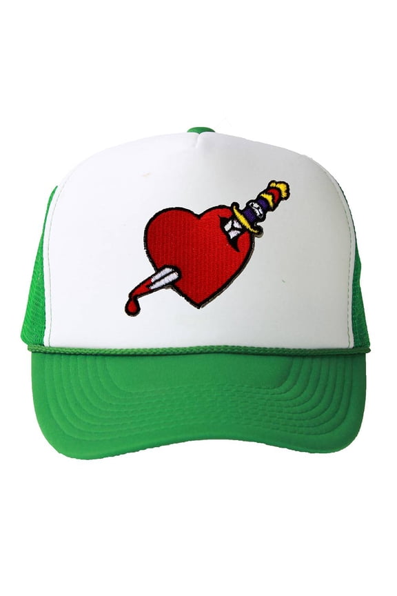 Trucker Mesh Vent Snapback Hat, Heart Dagger 3D Patch Embroidery Kelly Green