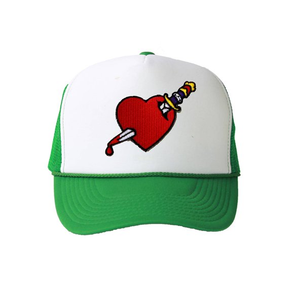 Trucker Mesh Vent Snapback Hat, Heart Dagger 3D Patch Embroidery Kelly Green