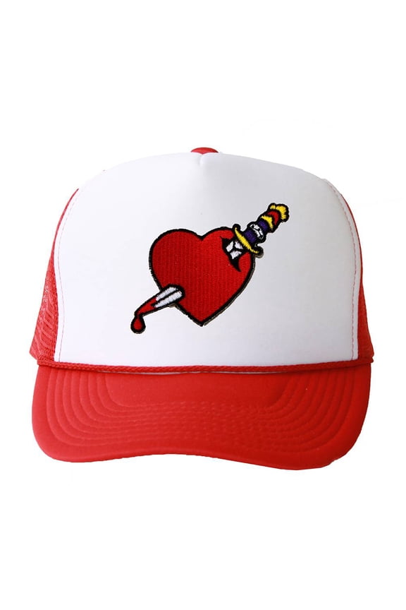 Trucker Mesh Vent Snapback Hat, Heart Dagger 3D Patch Embroidery Red