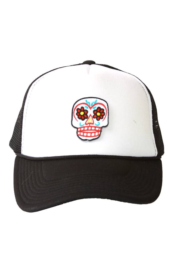 Trucker Mesh Vent Snapback Hat, Sugar Skull 3D Patch Embroidery Black