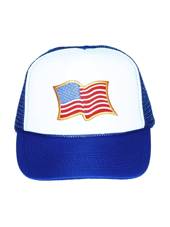Trucker Mesh Vent Snapback Hat, USA Billowing Flag 3D Patch Royal Blue
