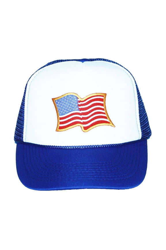 Trucker Mesh Vent Snapback Hat, USA Billowing Flag 3D Patch Royal Blue