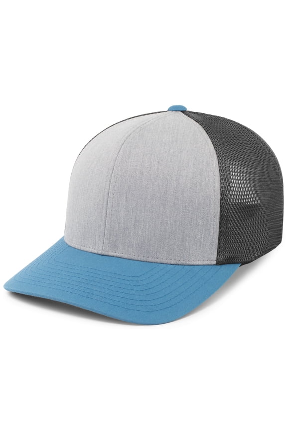 P151.36P.OS Trucker PacFlex Snapback Cap, Heather Grey, Light Charcoal & Ocean Blue - One Size