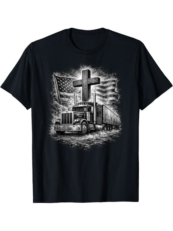 Trucker Patriotic American Flag Christian Cross Semi Truck T-Shirt