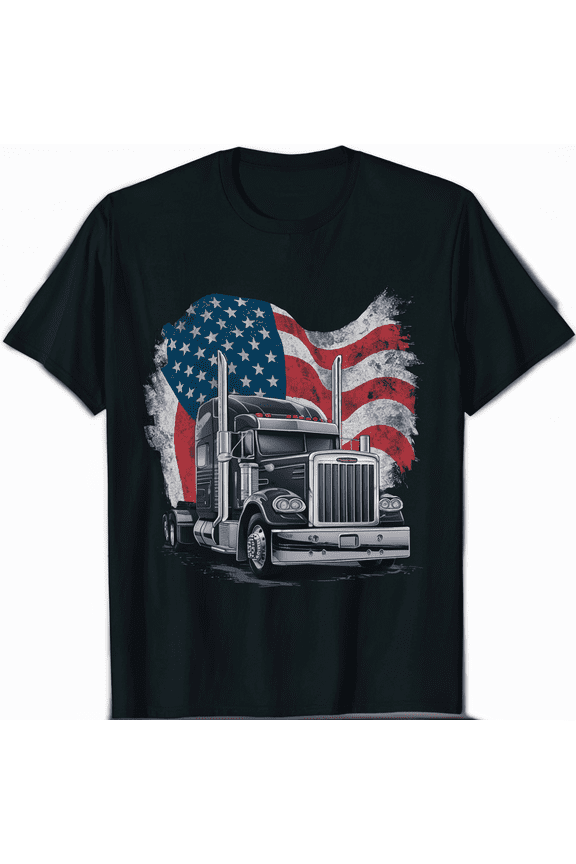 Trucker T Shirt with American Flag and Big Rig Black T-Shirt