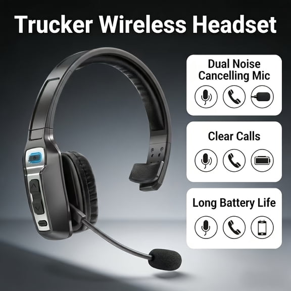 Trucker Wireless Headset, 65Hrs Long-Lasting V5.3 Wireless Headset With Upgraded Microphone AI Noise Canceling, On Ear PC Headphone With Mute For Driver Office Call Center, Cell Phones, Computer