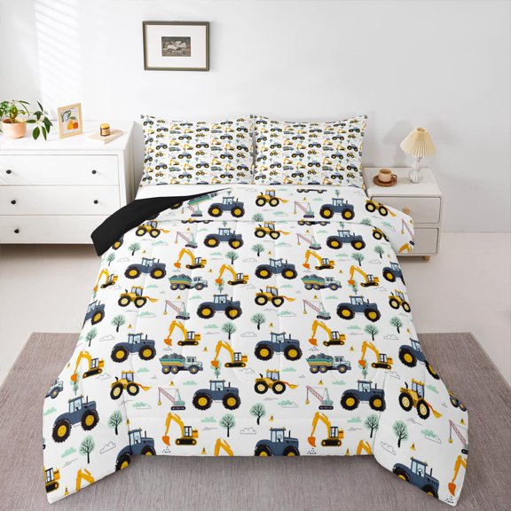 Trucks Bedding Full Cartoon Tractor Comforter Set, Yellow Bulldozer Excavator Down Comforter Cute Construction Vehicles Bedding Comforter Sets, Cute Kawaii Car Duvet Insert 3pcs