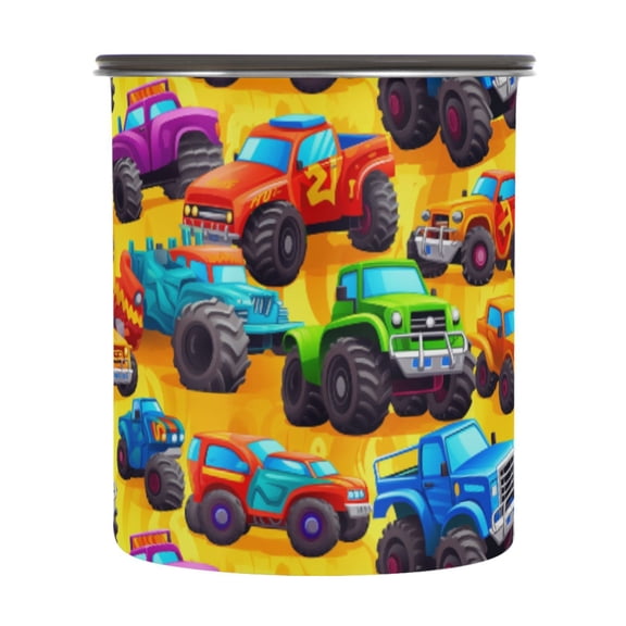 Trucks Cartoon Airtight Coffee Bean Canister 30oz Food Storage Containers with Lids For Gournd, Tea, Sugar, Flour, Rice, Cereal, Candy Cookie Jar