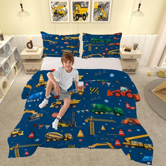 Trucks Excavator Cars Comforter Set Full Size Construction Vehicles Bedding Set for Kids Boys Girls Cartoon Equipment Trucks Duvet Quilt Blue Yellow Bedroom 3 Pcs with 2 Pillow Cases