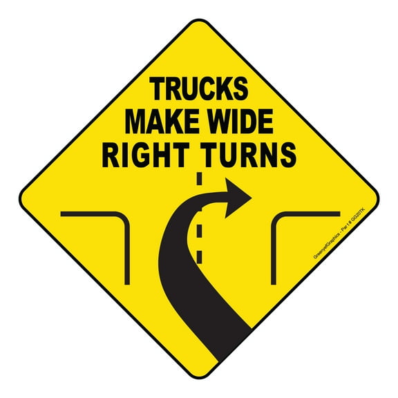 Trucks Make Wide Right Turns Sign Vinyl Sticker Truck Decal Trailer Label Rear Safety Markings for Tanker Truck, Dry Van and Reefer Trailers - Truck Markings Self Adhesive Bumper Sticker (10" Diamond)