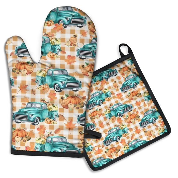 Trucks Pumpkins Fall Leaves Pattern Kitchen Oven Mitt and Pot Holder Sets 2 Pcs for Baking, Cooking and Grilling, Heat Resistant Up To 392 °F