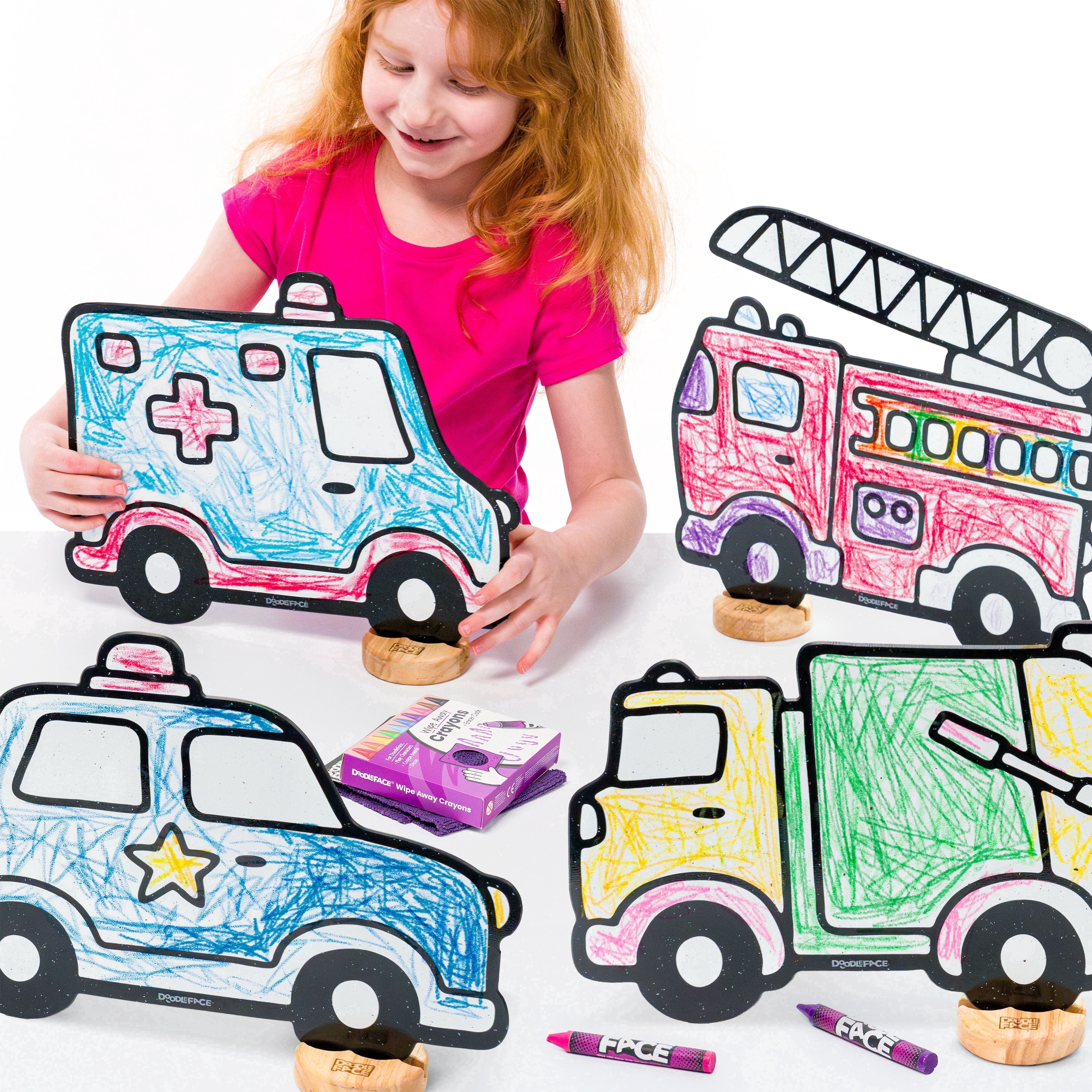Trucks Toy Set for Kids: Color, Play, Wipe Away with Crayons and Eraser. Educational Reusable Coloring Toy with Ambulance, Fire Truck, Garbage Truck, Police Car.
