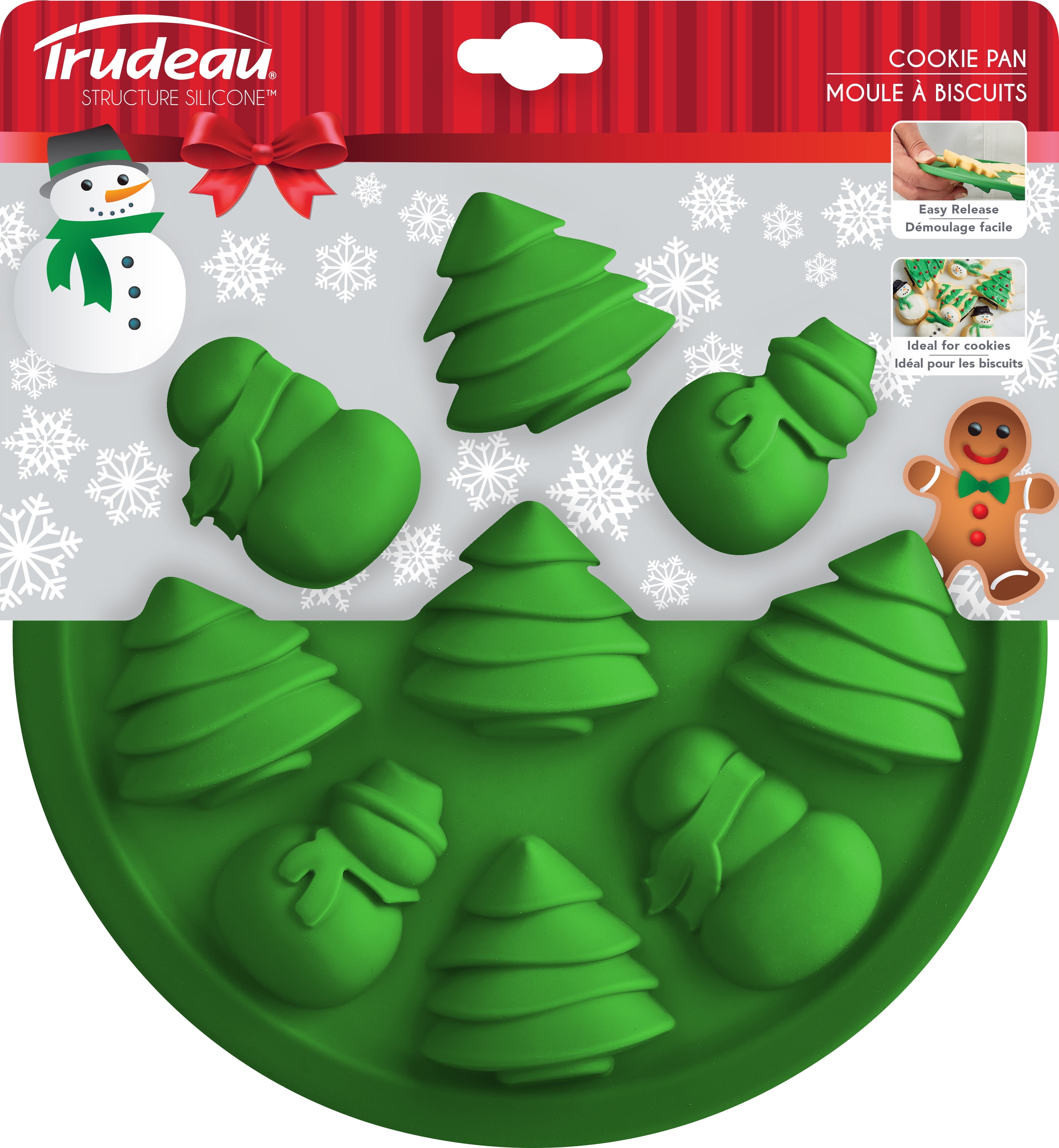 Trudeau Christmas Tree and Snowman Muffin Cake Pan, Structured Silicone, 9  Round 