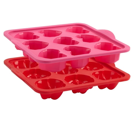 Trudeau Pink Geo Heart Muffin Pan and Trudeau Red Rose Muffin Pan, Sturdy Structured Silicone, 9 Count Mold, 2 Pack