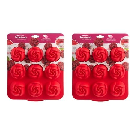 Trudeau Red Rose Muffin Pan, Sturdy Structured Silicone, 9 Count Mold, 2 Pack