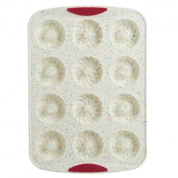 Trudeau Structure Silicone 12 Cavity Decorated Donut Pan, Confetti/Fuchsia