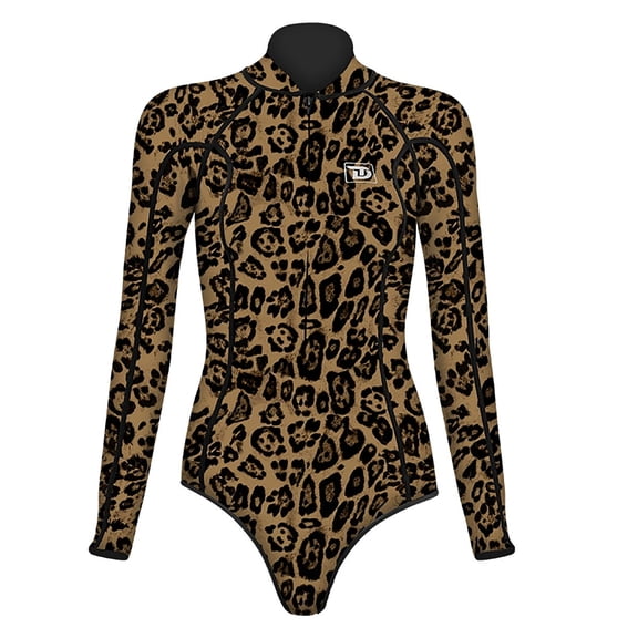 Trudive Leopard Women's Front Zip Long Sleeve Moderate Bikini Cut Wetsuit