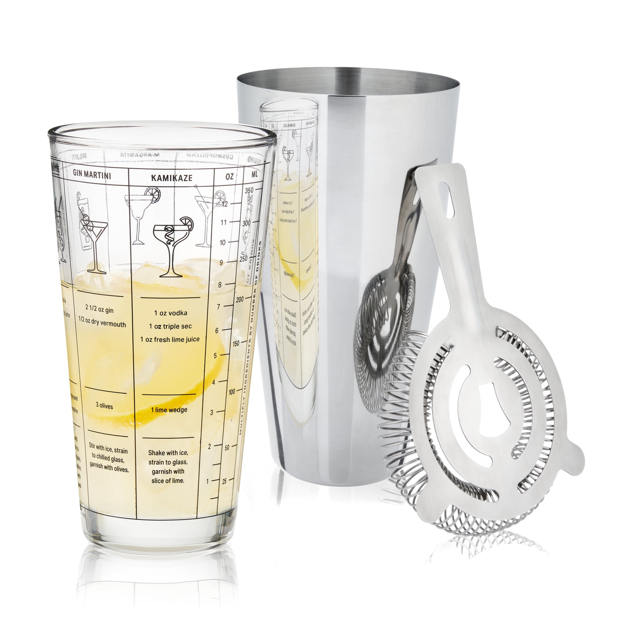 True 3-Piece Barware Set with 7 Cocktail Recipes and Measurements