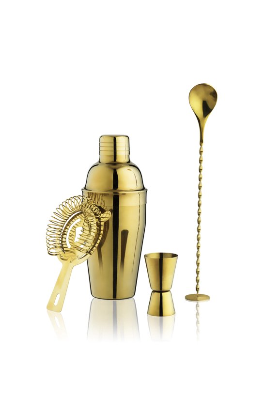 4 Piece Gold Stainless Steel Barware Set - Cocktail Shaker & Accessories