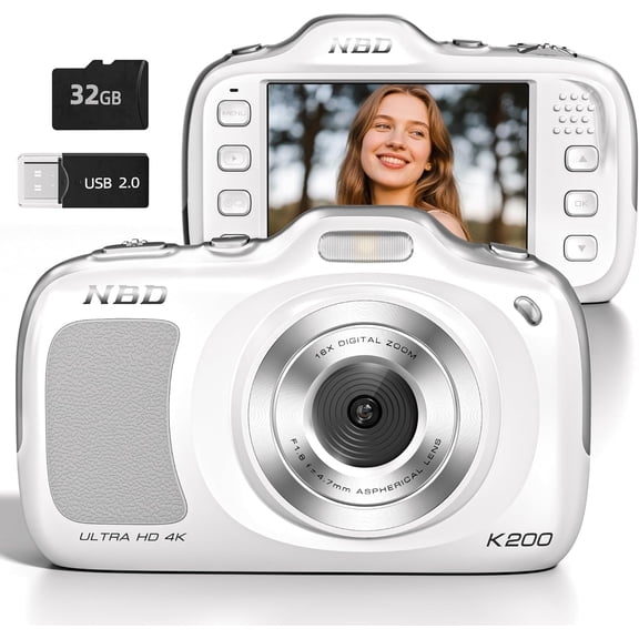 True 4K Digital Camera with Beauty Mode, 64MP Vlogging Camera for Beginners,16X Zoom, Anti-Shake & Autofocus, 32GB Card, 120g Ultra Compact Portable Cameras for Photography (White)