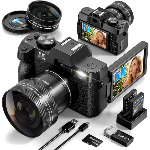True 5K 48MP Autofocus Digital Vlogging Camera,180° Flip Screen,WiFi,16X Zoom,Anti-Shake,Wide & Macro Lens,64GB TF Card,Black