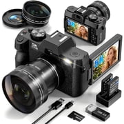 True 5K 48MP Autofocus Digital Vlogging Camera,180  Flip Screen,WiFi,16X Zoom,Anti-Shake,Wide & Macro Lens,64GB TF Card,Black