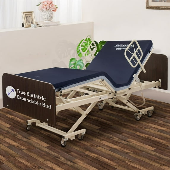 True Bariatric Full Electric Adjustable Hospital Bed Ultra Low 9"-25" Height, Ultra Wide 36-42-48 Width, 80-88 750lbs