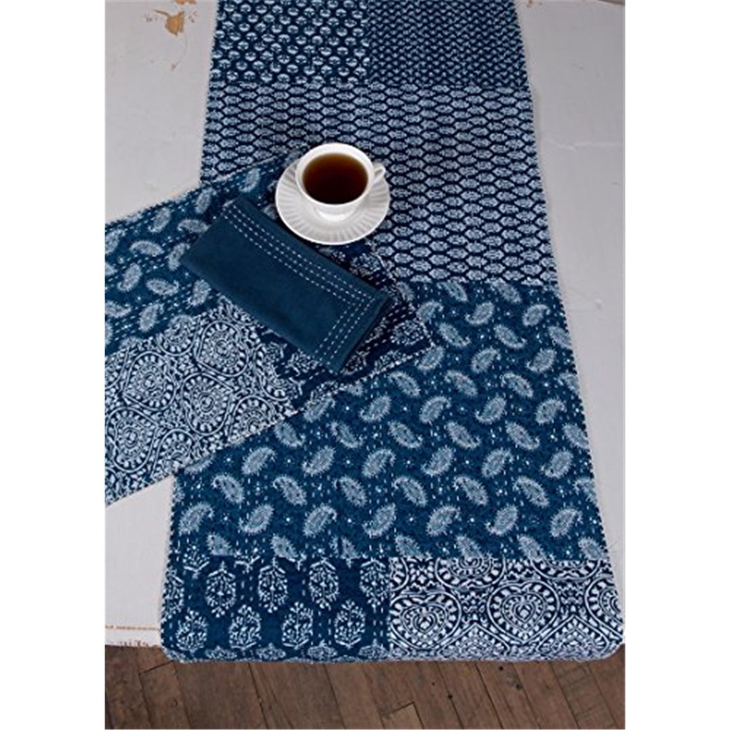 Handcrafted Blue and White Cotton Polyester Table Runner