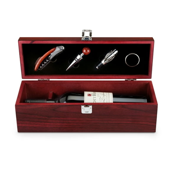 True Cherry 1-Bottle Wine Accessories Gift Set | Premium Corkscrew Opener Kit, Drip Ring, and Wine Pourer and Stopper in Wood Case with Padded Insert