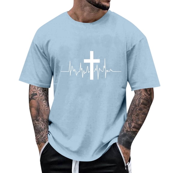 True Classic Tees Men Fashion Print Round Neck Pullover T-Shirt Short Sleeve Blouse Sky Blue,M