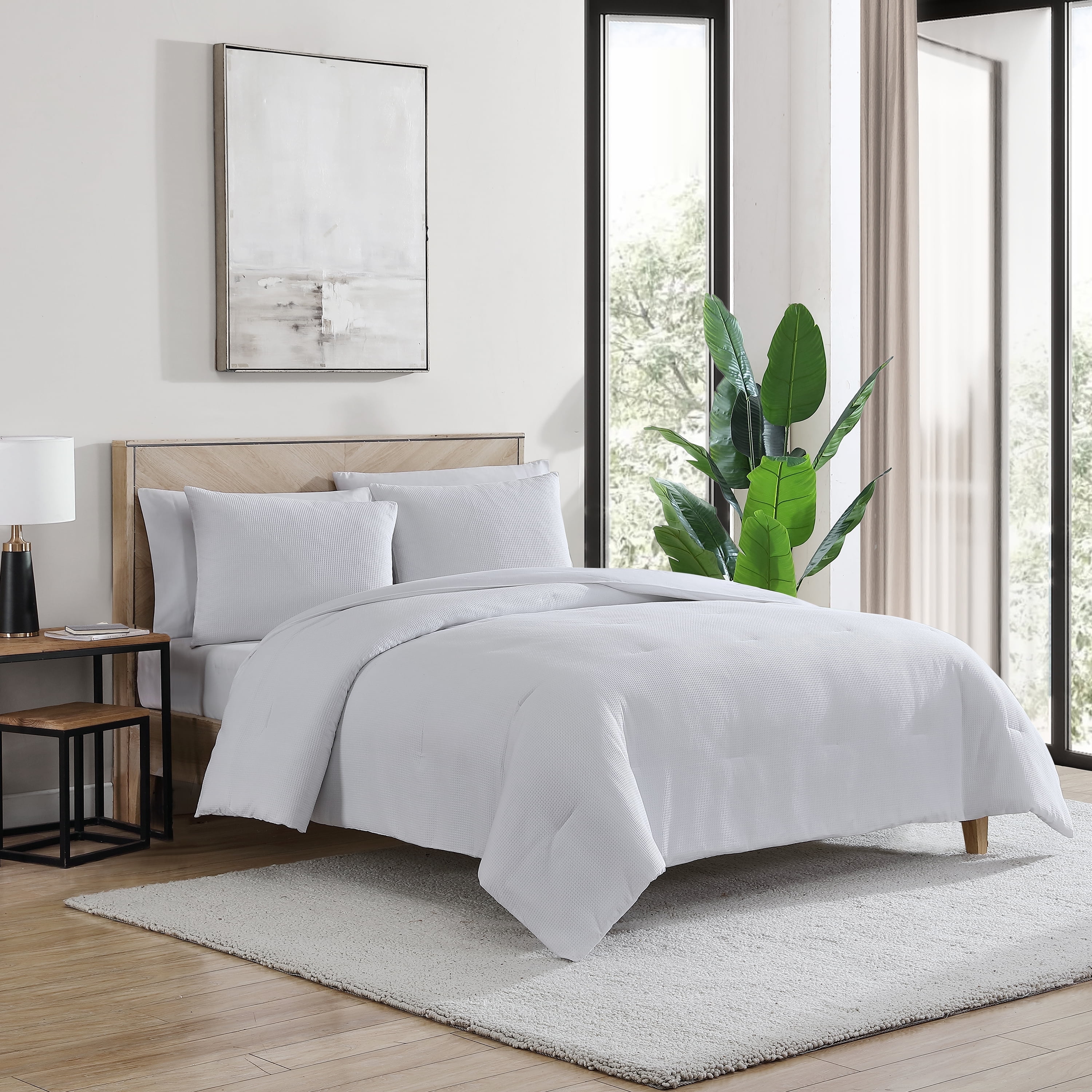 True Comfort Full White Cotton Blend Waffle Comforter Set