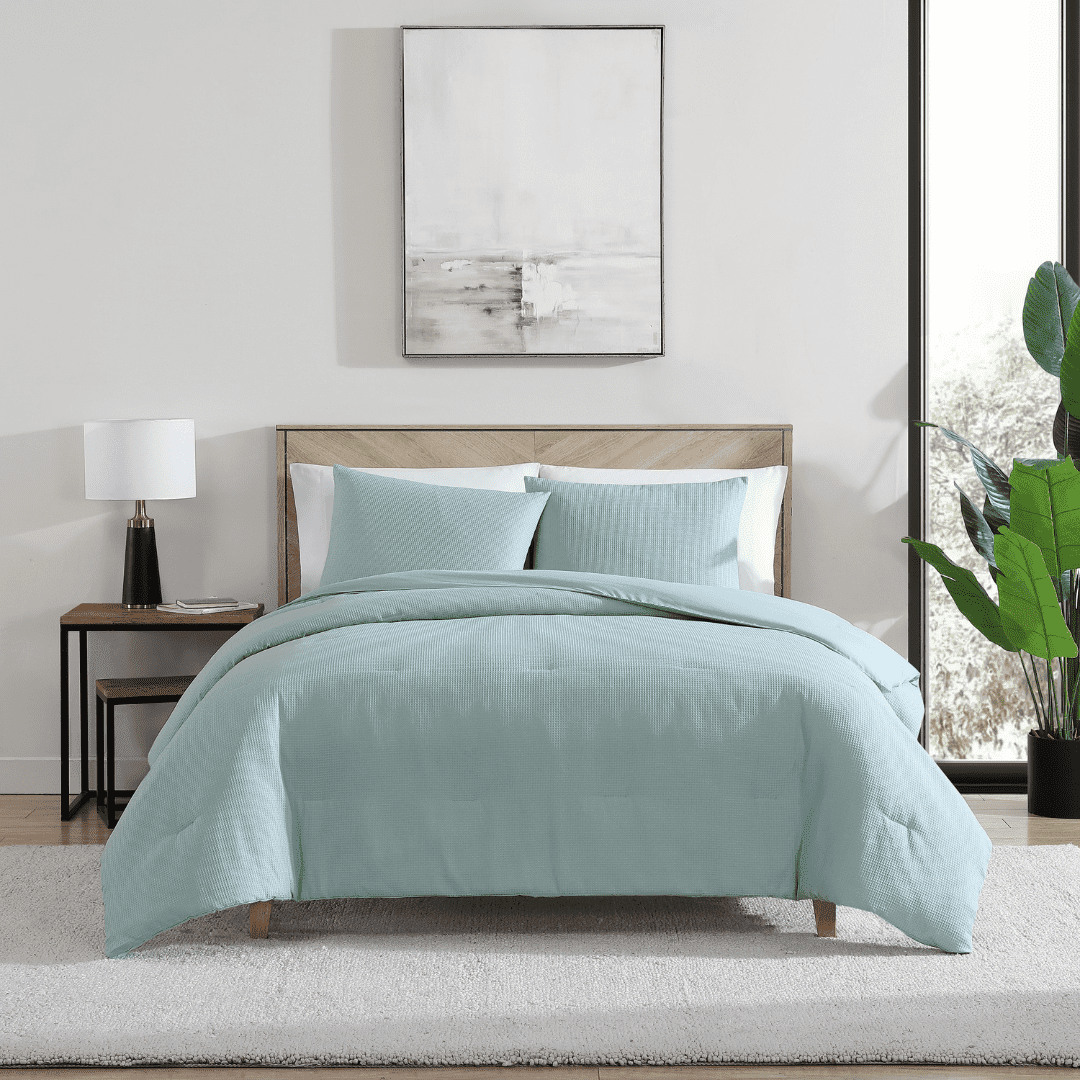 Aqua Twin Cotton Blend Waffle Comforter Set
