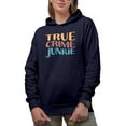 thumbnail image 1 of True Crime Junkie, Podcast Listener, Lover or Enthusiast, Groovy Retro Wavy Text Merch Gift, Navy Blue Hooded Sweatshirt or Hoodie, 3XL, 1 of 5