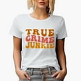 thumbnail image 1 of True Crime Junkie, Podcast Listener or Lover Themed, Groovy Retro Wavy Text Merch Gift, White T-Shirt, 3XL, 1 of 5