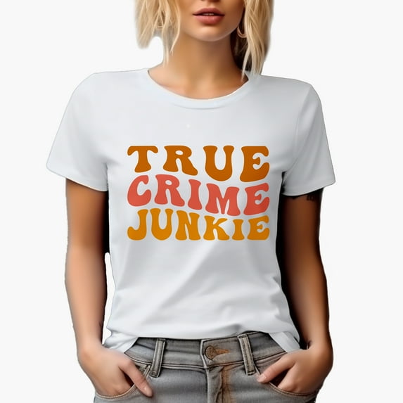 True Crime Junkie, Podcast Listener or Lover Themed, Groovy Retro Wavy Text Merch Gift, White T-Shirt, 3XL