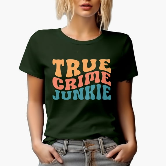 True Crime Junkie, Podcast Lover or Listener, Groovy Retro Wavy Text Merch Gift, Military Green T-Shirt, XL