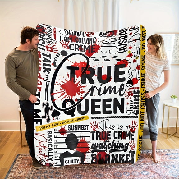 True Crime Queen Blanket - Cozy Mystery Novelist Gift, Red & Black Plush Throw with Blood Splatter, Police Tape & Suspects for Home, Camping, Travel