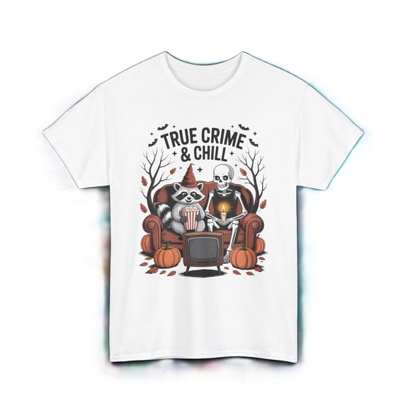 True Crime Shirt Funny Halloween Raccoon Skeleton Movie Night Tee S-4XL