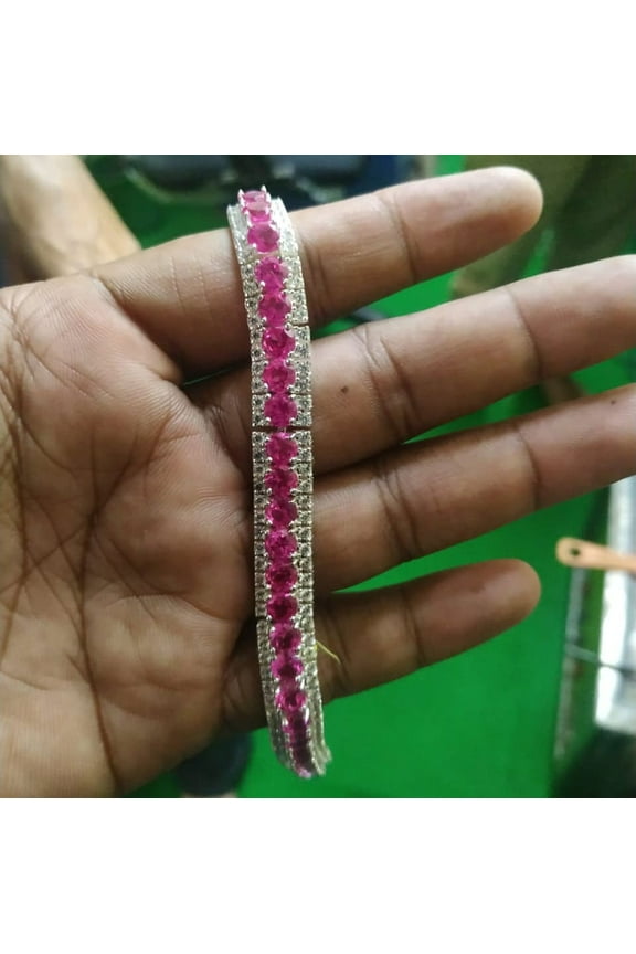 Pink Ruby and White Moissanite Diamond Tennis Bracelet for women, Size-5-7Inch