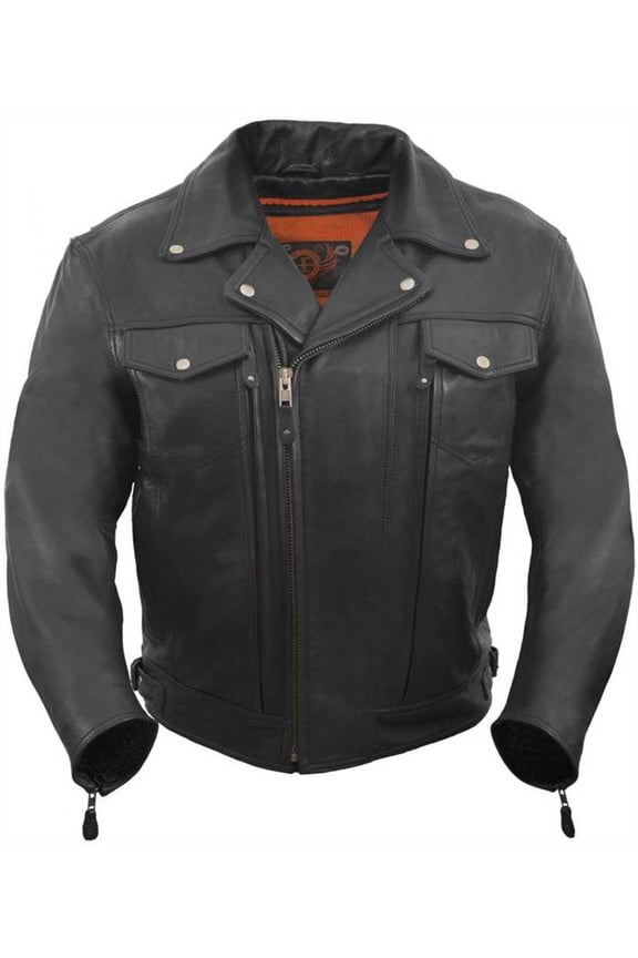 Men's Asymmetrical, Vented Motorcycle Jacket with 2 Utility Storage Pockets (Black, Large)