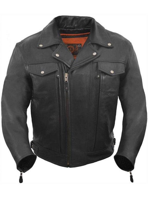 Men's Asymmetrical, Vented Motorcycle Jacket with 2 Utility Storage Pockets (Black, XXXX-Large)