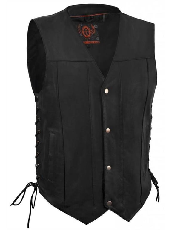 Men's Side Laces Leather Vest with Inside Deep Pockets (Black, Size 4XL)